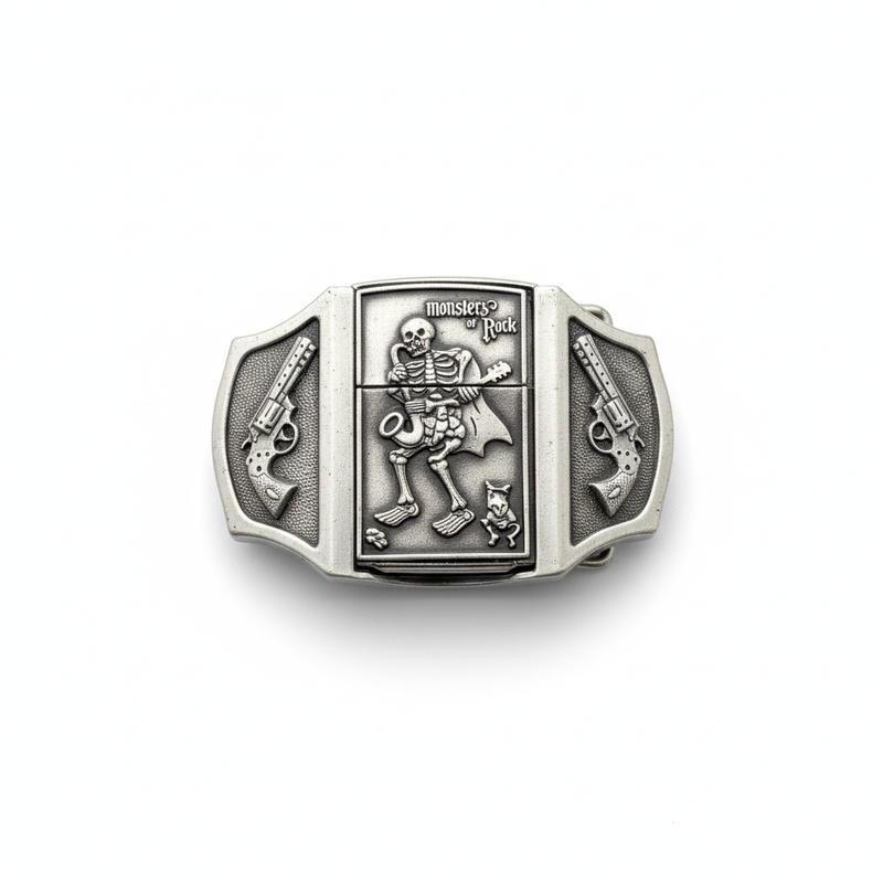 Silver belt buckle with skeleton design and 'Monsters of Rock' text on a white background