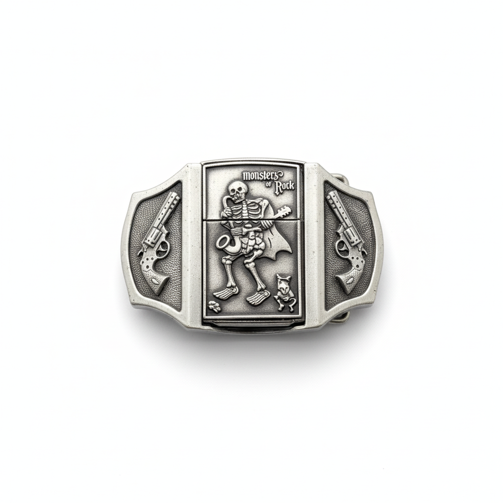 Silver belt buckle with skeleton design and 'Monsters of Rock' text on a white background