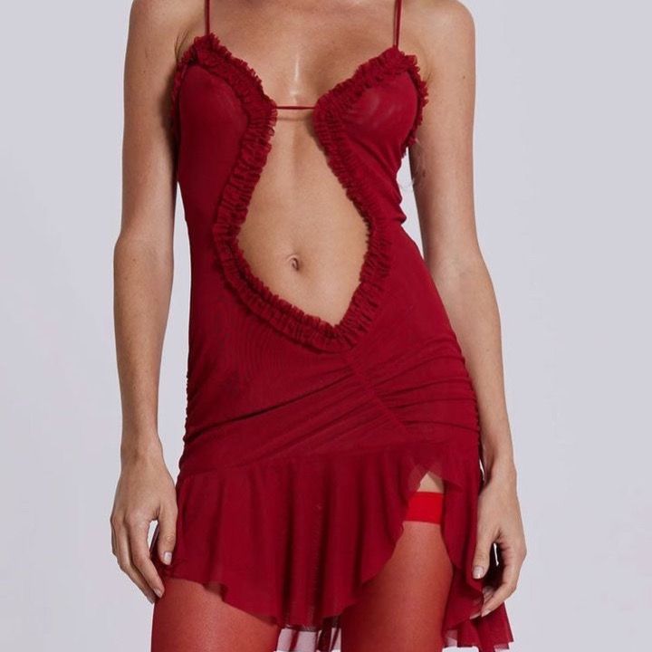 Ruffle Mesh Red Dress