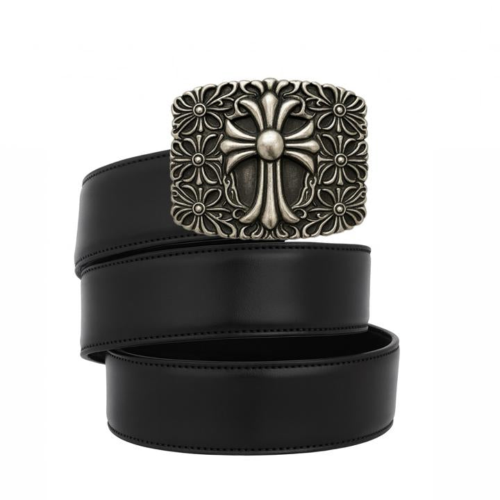 Black belt with an ornate silver buckle on a white background