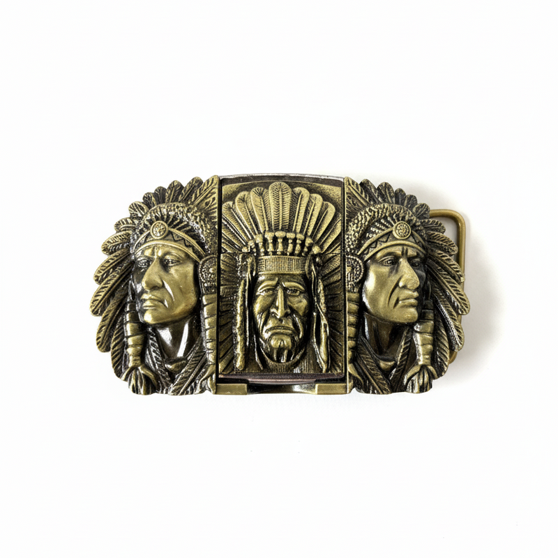 Bronze belt buckle with three Native American head designs on a white background