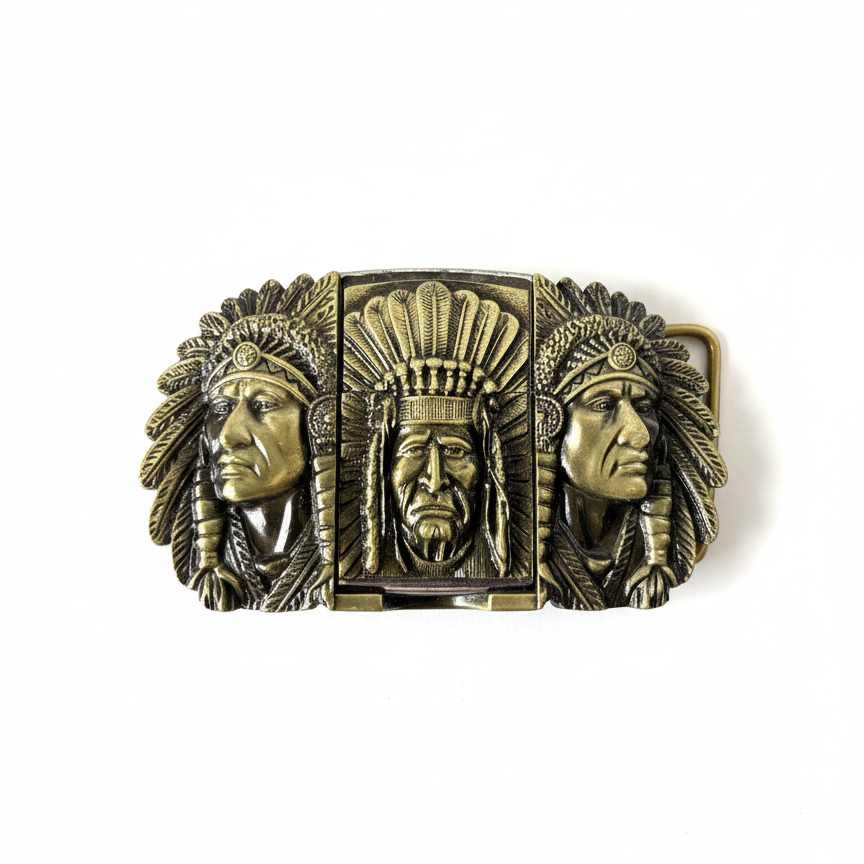 Bronze belt buckle with three Native American head designs on a white background