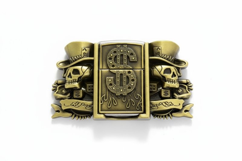 High resolution white background product photo of dollar sign lighter belt buckle